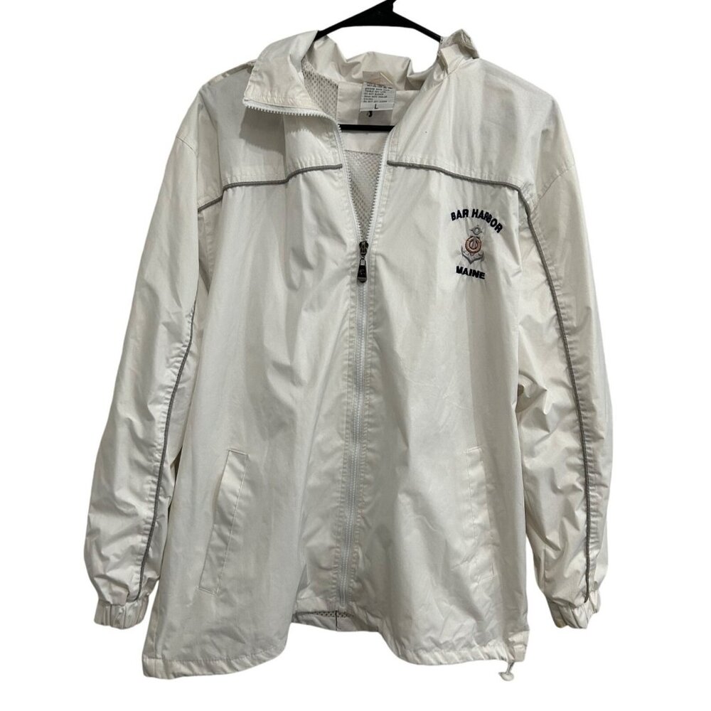Vintage Bar Harbor Maine Windbreaker Jacket White Size L Hooded Zip Up Embroider